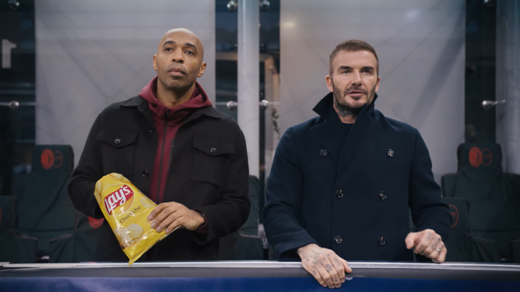 David Beckham and Thierry Henry enjoying Lay's chips during the Chip Cam campaign.