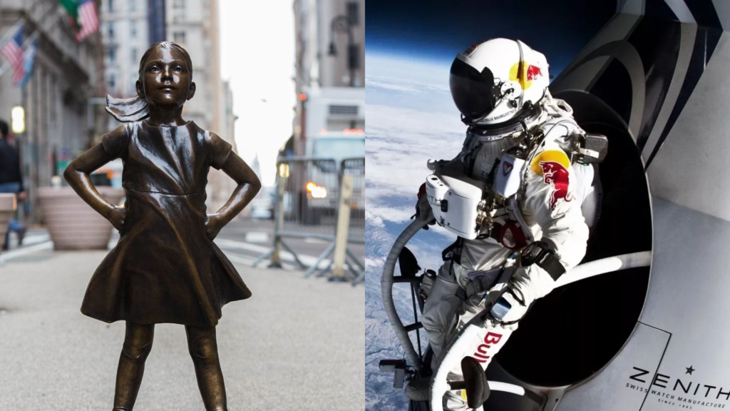 Fearless Girl statue facing the bull and Felix Baumgartner's historic space jump