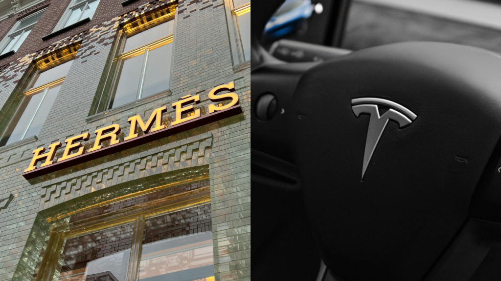 Tesla and Hermès brand name logos displayed together, representing innovation and luxury.