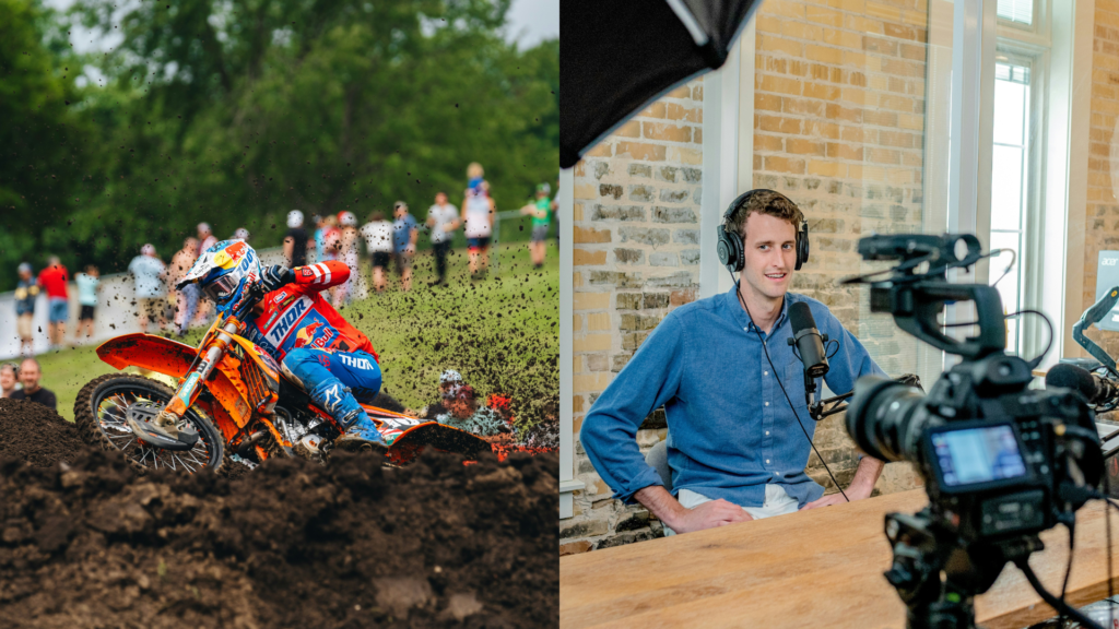 Split image of a Red Bull athlete performing a stunt and a person recording content.