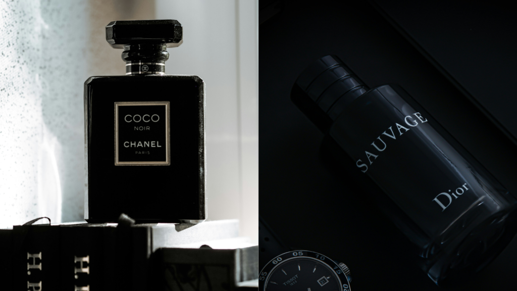 Chanel and Dior products featuring black, evoking luxury and sophistication to reinforce a high-end, elegant brand image.