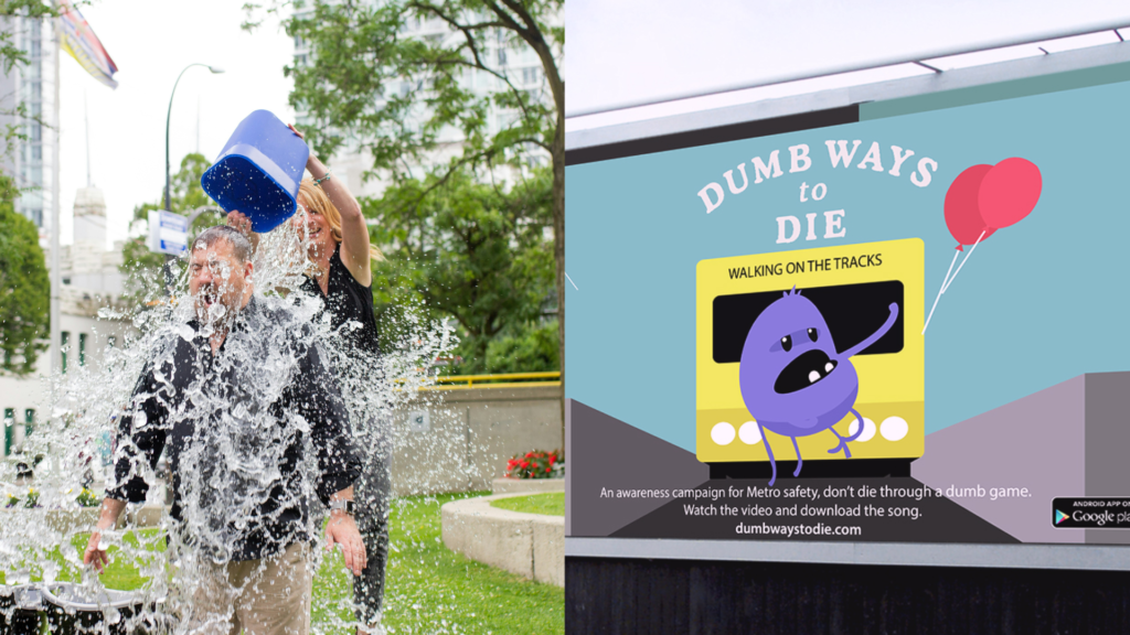 A split image featuring the Ice Bucket Challenge on the left with participants pouring ice water over their heads, and Dumb Ways to Die on the right showcasing animated characters from the campaign.