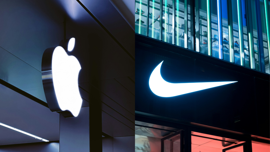 The iconic logos of Nike and Apple, two of the world's most recognizable brands.