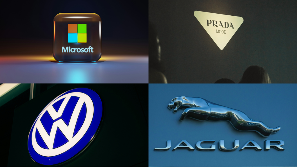 Logos of Microsoft (square), Prada (triangle), Volkswagen (circle), and Jaguar (irregular shape) demonstrating how different shapes convey distinct brand personalities in logo design.