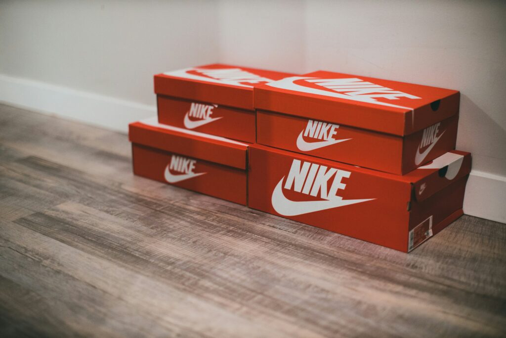 Nike brand name shoe box featuring the iconic Nike logo on the outside.