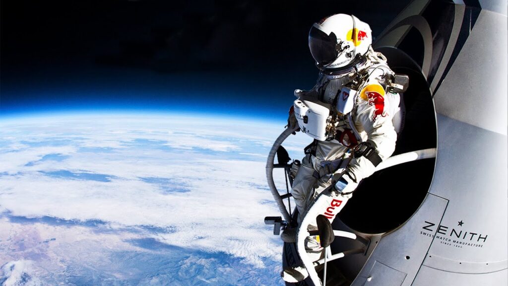 Felix Baumgartner during the Red Bull Stratos space jump, freefalling from the edge of space. One of the biggest events in Guerilla Marketing.