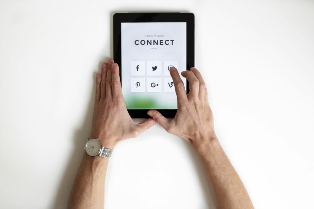 "Connect" text with multiple social media icons, representing the importance of leveraging various platforms for brand storytelling.