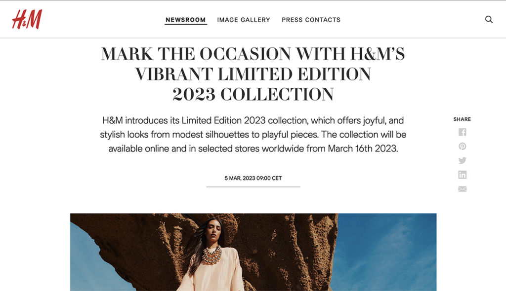 H&M website displaying a banner for a limited edition product launch, emphasizing exclusivity and urgency.