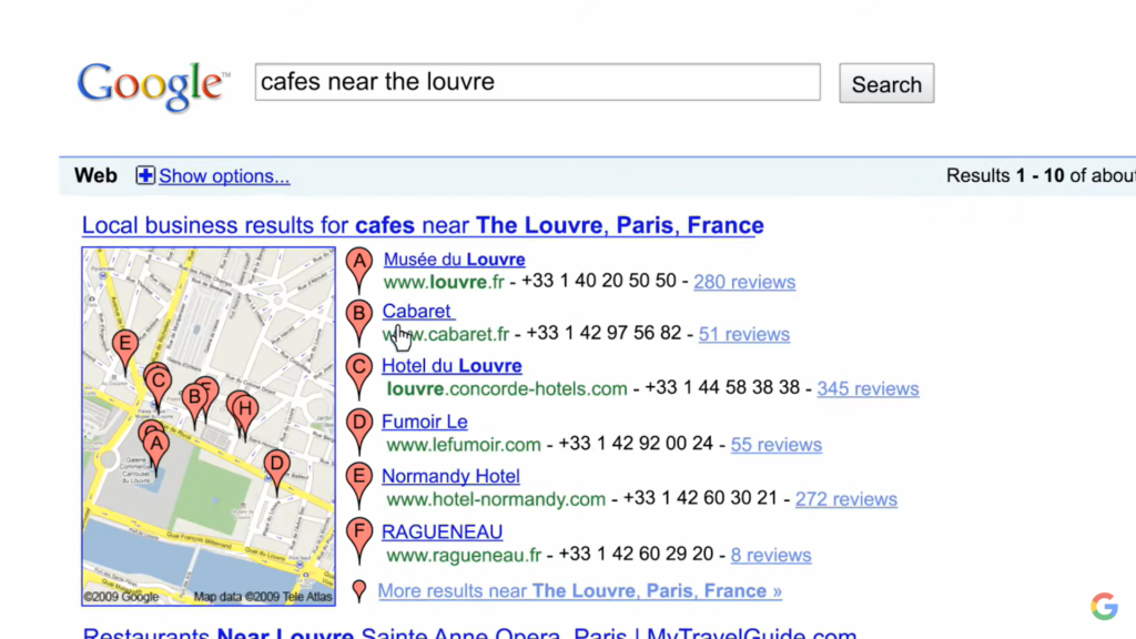 Google's "Parisian Love" Super Bowl ad, showing a Google search interface with the query "study abroad paris"