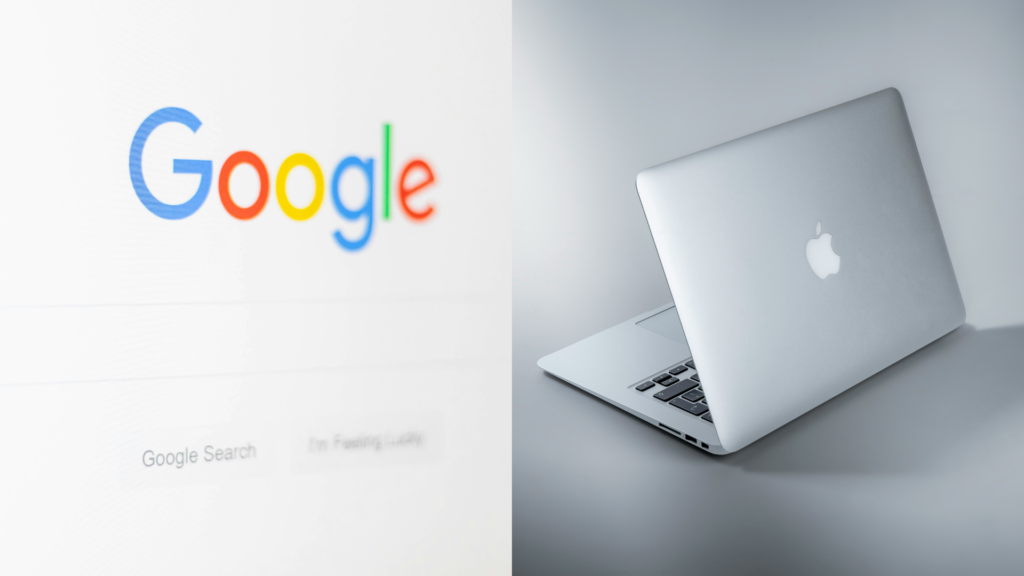 A sleek Apple MacBook displaying the Google homepage, showcasing minimalist design elements.