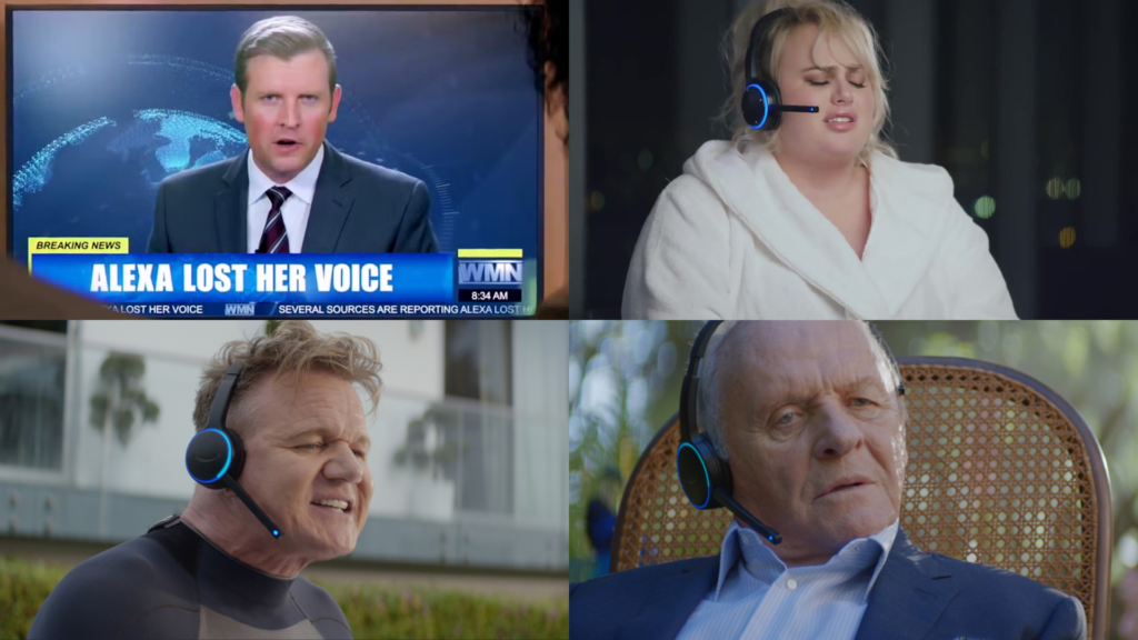 Gordon Ramsay, Cardi B, Rebel Wilson, and Sir Anthony Hopkins attempting to replace Alexa in Amazon's Super Bowl ad.