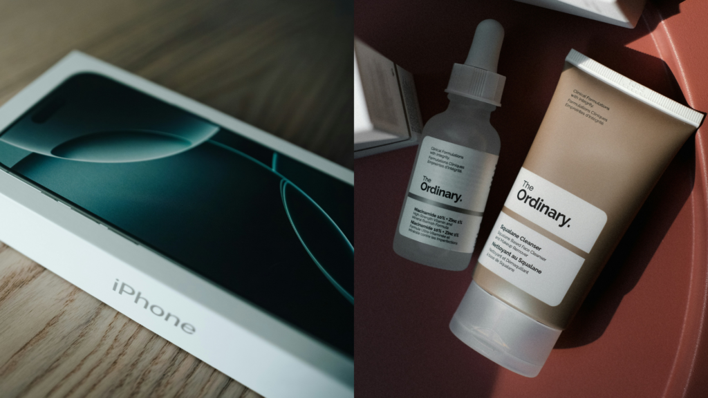 A close-up image of an iPhone packaging box alongside a premium cosmetic packaging box, showcasing elegant design and branding elements.