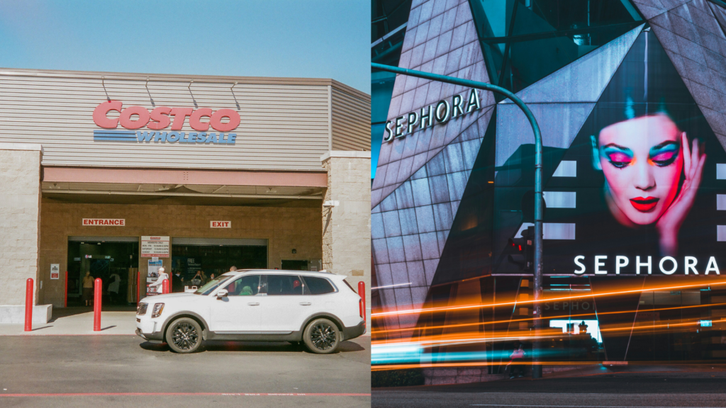 A vibrant Sephora banner showcasing beauty products alongside a bustling Costco store filled with shoppers.