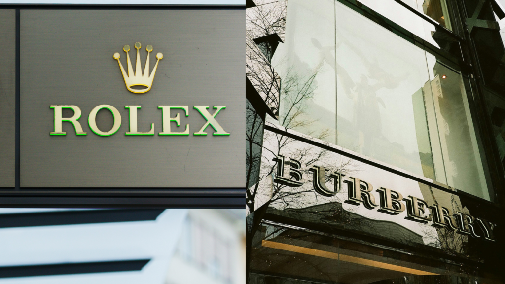 Exterior views of a Rolex store and a Burberry store, showcasing luxury branding.