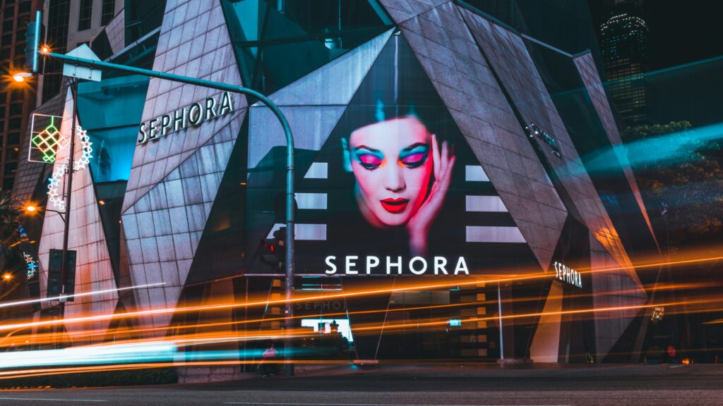 A vibrant Sephora banner promoting beauty products, showcasing the brand's commitment to digital sampling and customer engagement.