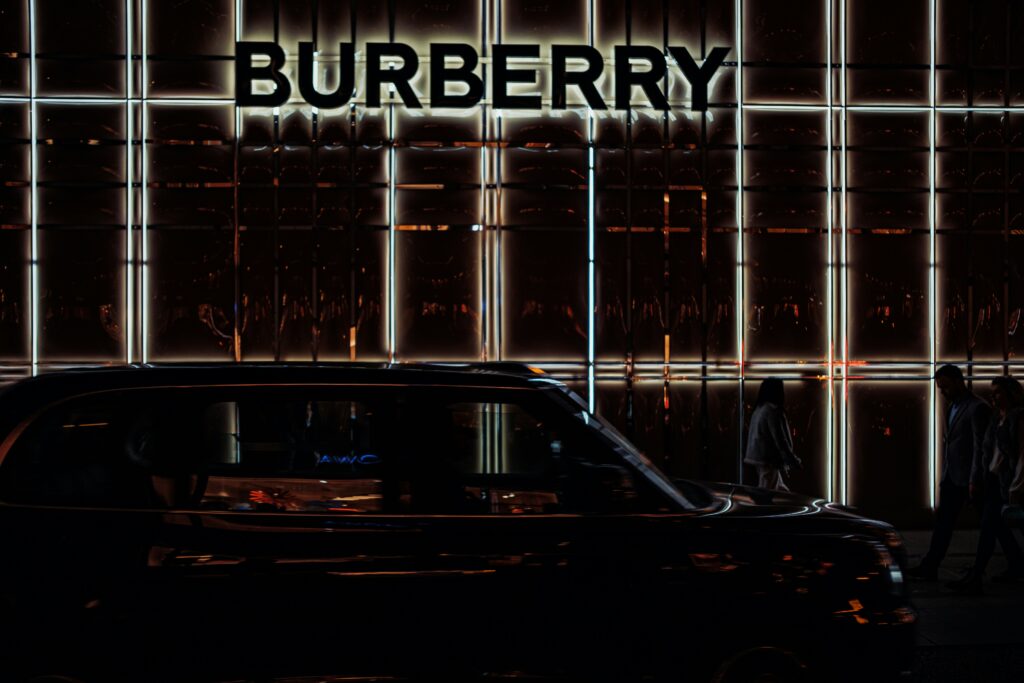 Exterior view of a Burberry store showcasing its iconic architecture and branding.