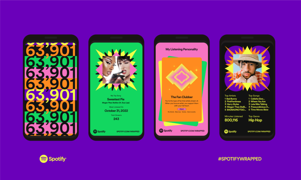 Four smartphones displaying Spotify Wrapped on colorful backgrounds, showcasing personalized music summaries, showing nostalgia marketing.