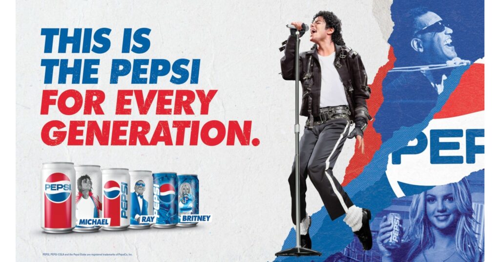 Vintage Pepsi advertisement featuring Michael Jackson, Britney,  and other celebrities with the tagline "This is the Pepsi for every generation."