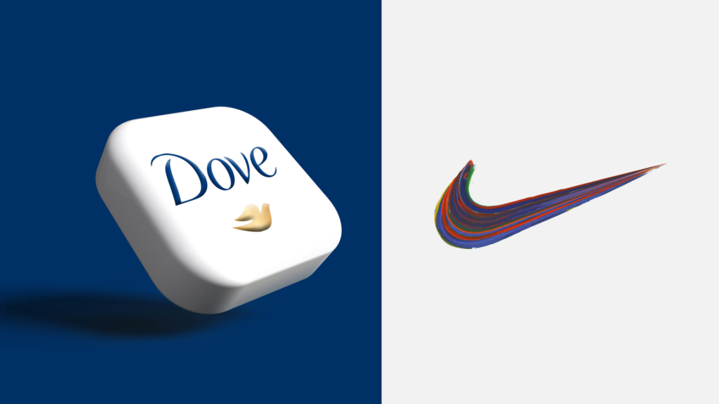 Dove logo on one side and Nike logo on the other side, representing two brands that embrace emotional marketing and promote positive self-image.