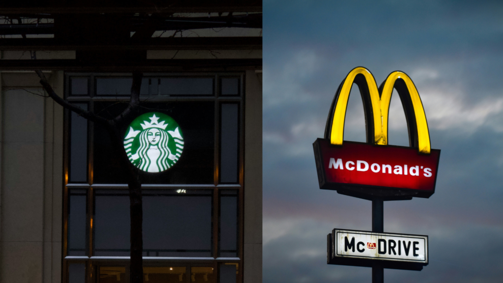 Exterior view of a Starbucks store and a McDonald's restaurant showcasing their branding and outdoor seating.