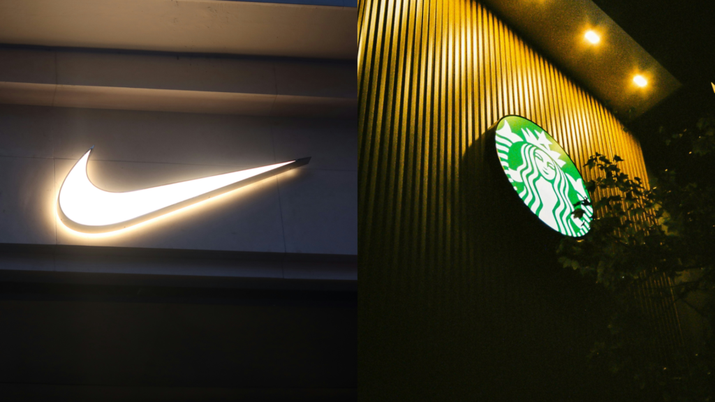 Nike Swoosh and Starbucks Siren logos representing iconic brand symbols.