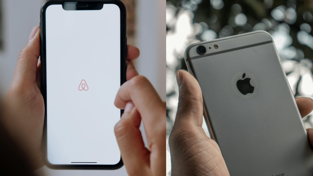 Man holding a smartphone displaying the Airbnb app, showcasing effective use of white space alongside an iPhone with a minimalist design.