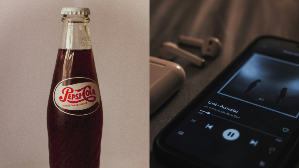 A nostalgic Pepsi bottle alongside a smartphone displaying Spotify playing music.