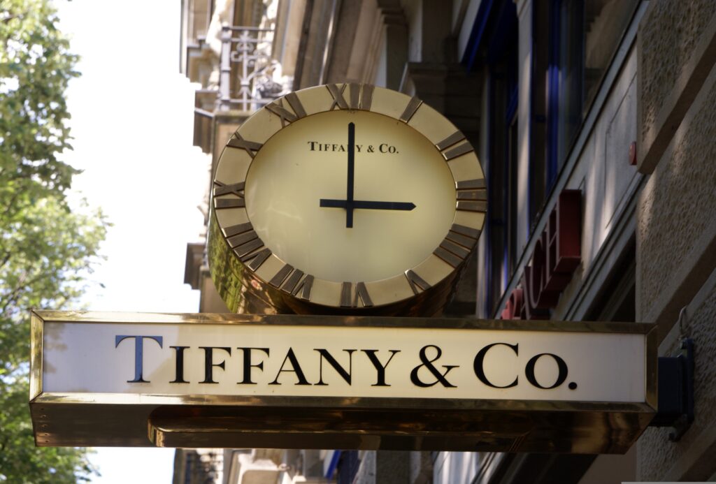 Tiffany & Co. logo displayed outside their store in Zurich, showcasing the brand's voice -elegance and luxury.