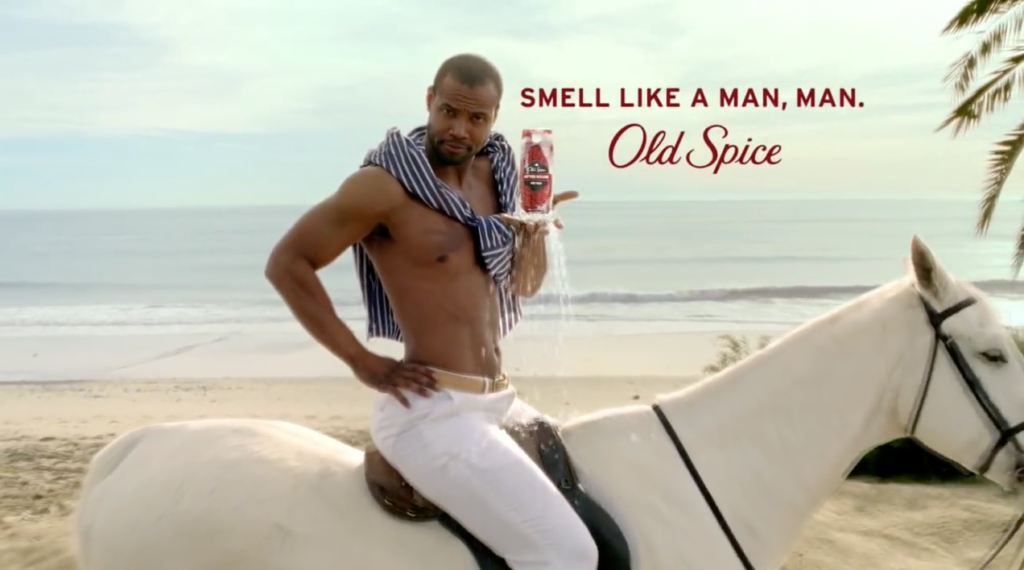 Old Spice ad featuring the iconic character on a horse, promoting the message "Smell like a man, man" through effective buzz marketing.