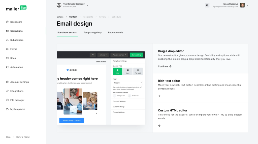 Layout of MailerLite's email campaign editor showcasing the drag-and-drop interface and various design elements.