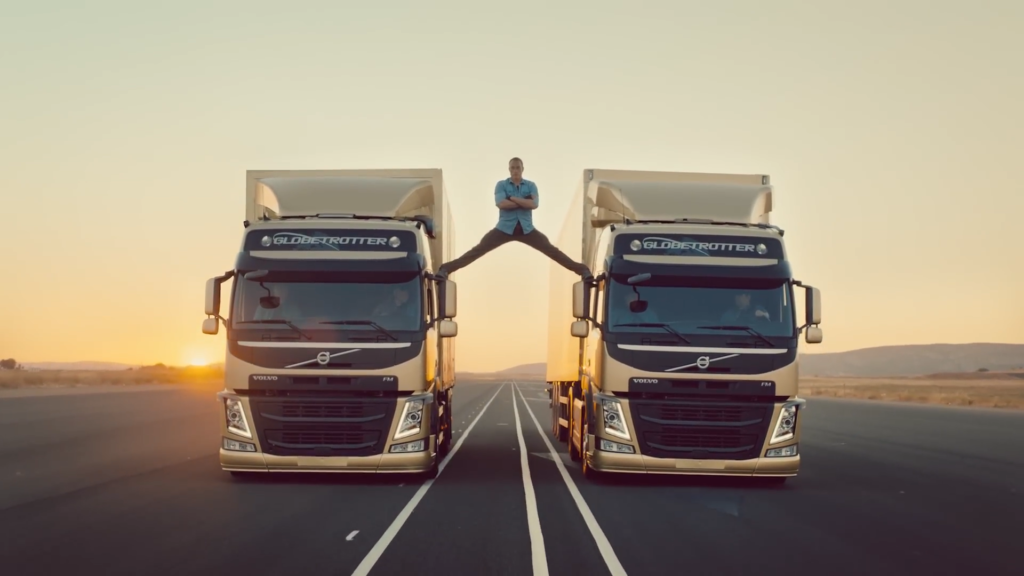 Jean-Claude Van Damme performing a split between two reversing Volvo trucks in the ad "The Epic Split."