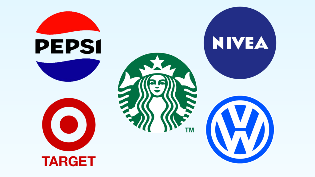 Logos of Starbucks, Nivea, Pepsi, Target, and Volkswagen illustrating shape psychology in branding.