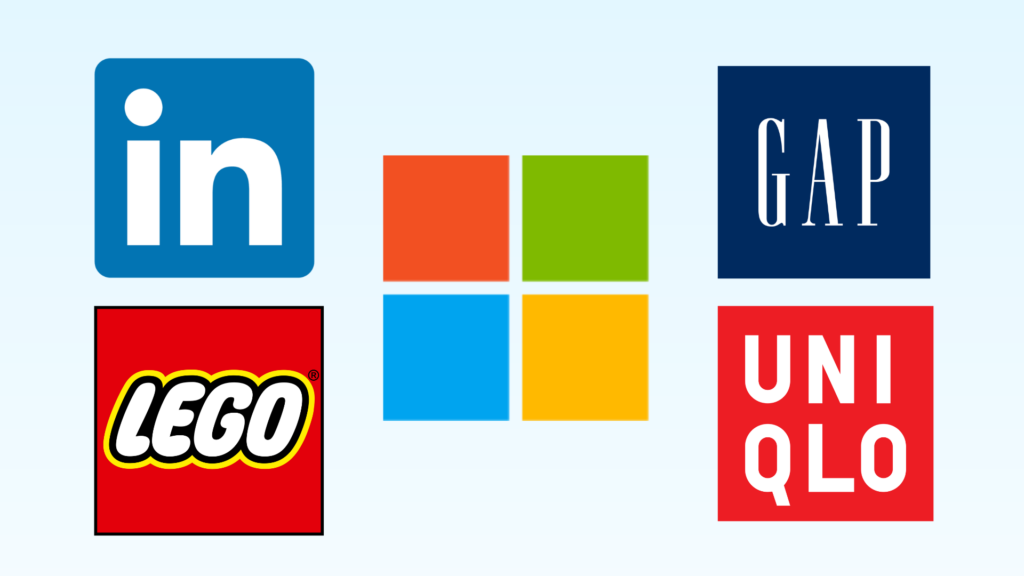  Logos of Gap, Microsoft, Lego, Uniqlo, and LinkedIn illustrating shape psychology in branding.