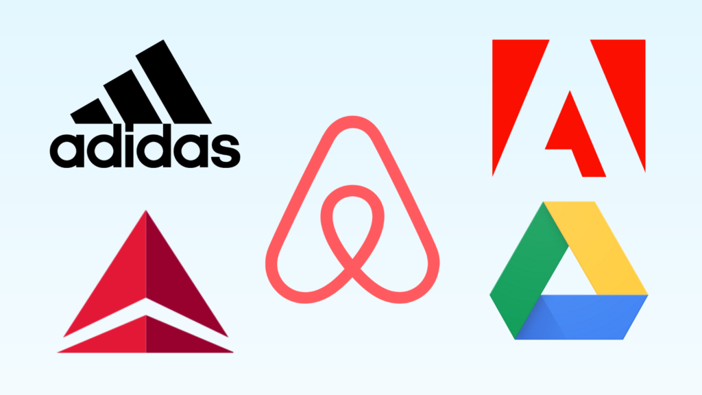 Logos of Airbnb, Adidas, Google Drive, Adobe, and Delta illustrating shape psychology in branding.