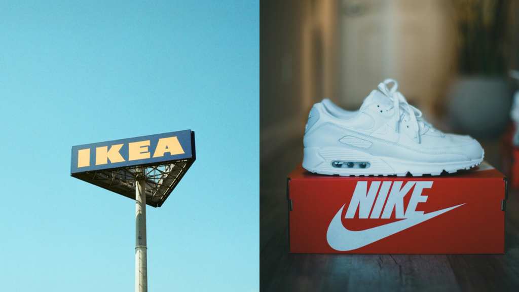 A vibrant IKEA banner displayed at the top, alongside a Nike shoe prominently placed on a Nike box, symbolizing the collaboration between the two iconic brands.