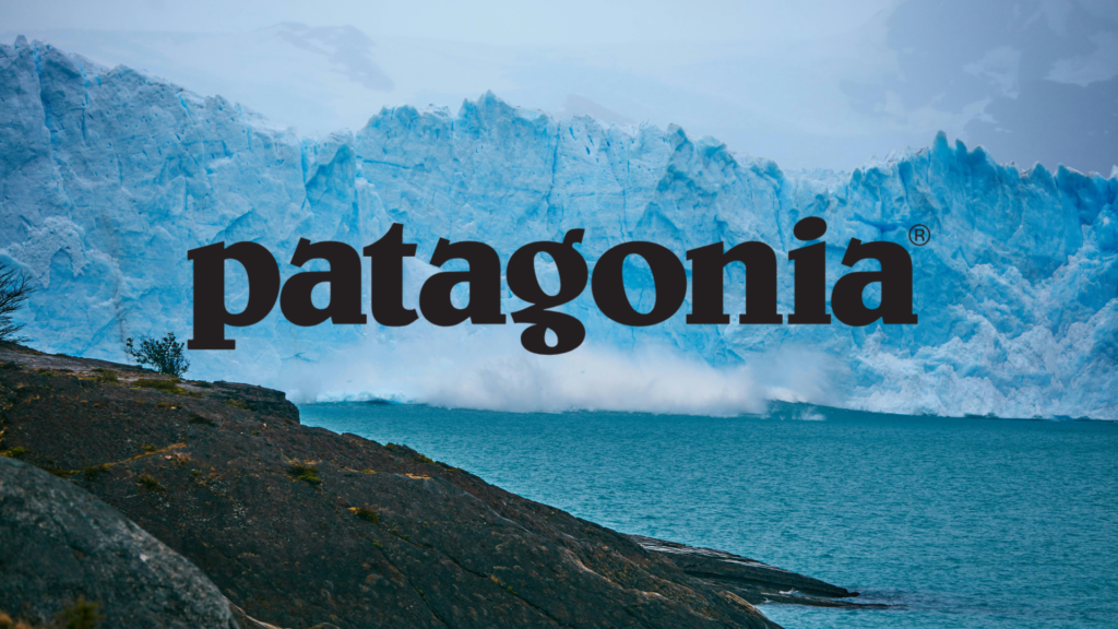 A breathtaking glacier landscape in Patagonia with the Patagonia logo overlayed in black.