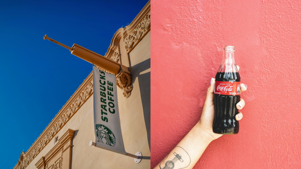 A Starbucks store exterior featuring the logo and "Starbucks Coffee" sign alongside a person holding a bottle of Coca-Cola.