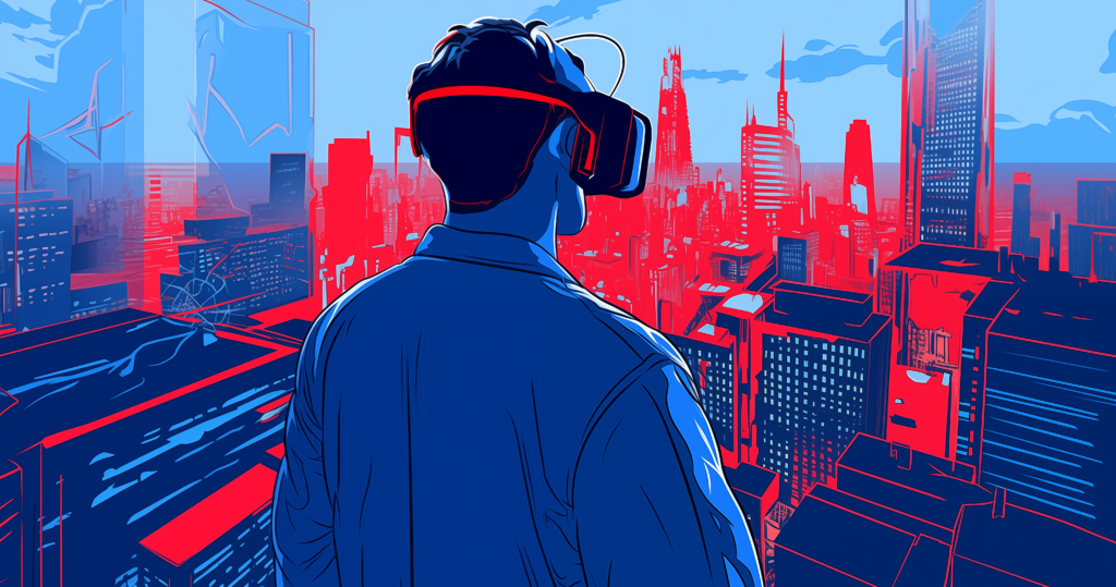 A man wearing a VR headset, experiencing an immersive branding environment with a view of multiple buildings in the background.