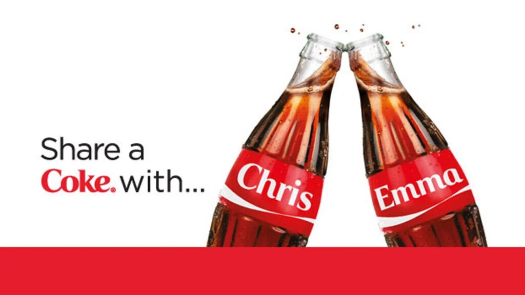 Coca-Cola's Share a Coke campaign featuring personalized bottles with names, showcasing brand humanization