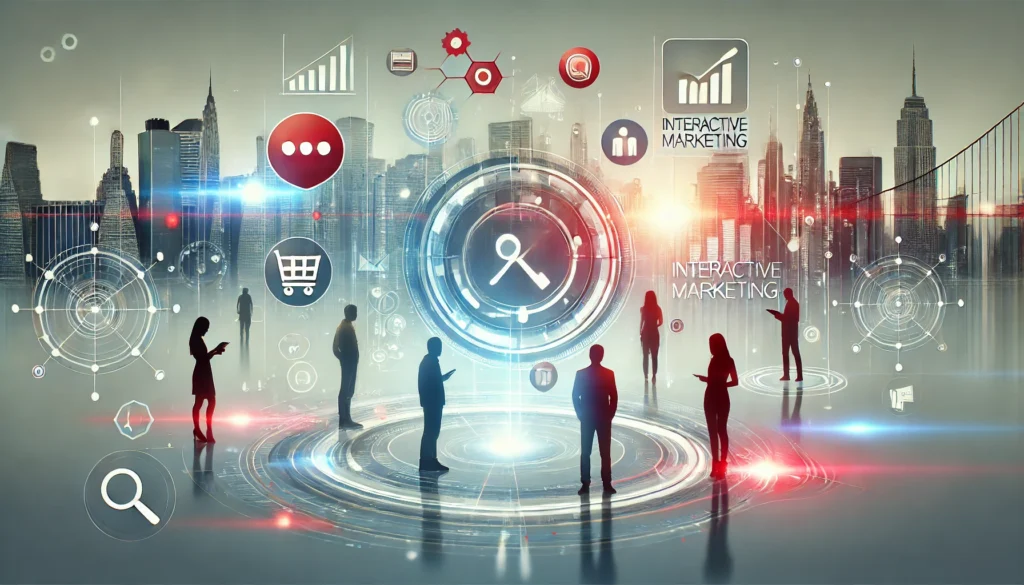 An image featuring symbols, people, graphs, and icons in the background with "Interactive Marketing" written prominently.