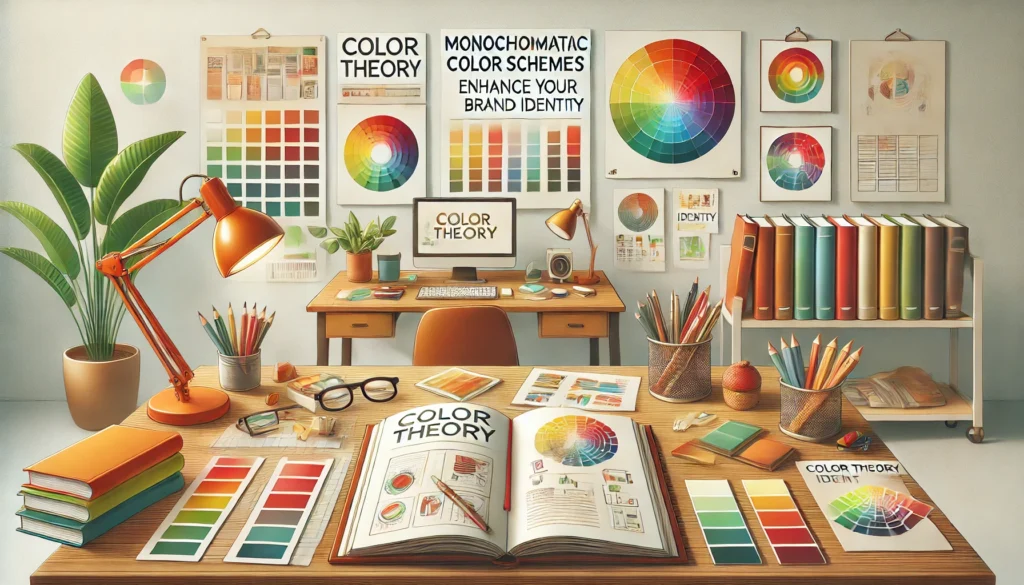 An artistic workspace with color palettes in red, orange, green, and yellow, featuring an open book, design sketches, and branding concepts, emphasizing the monochromatic color scheme.