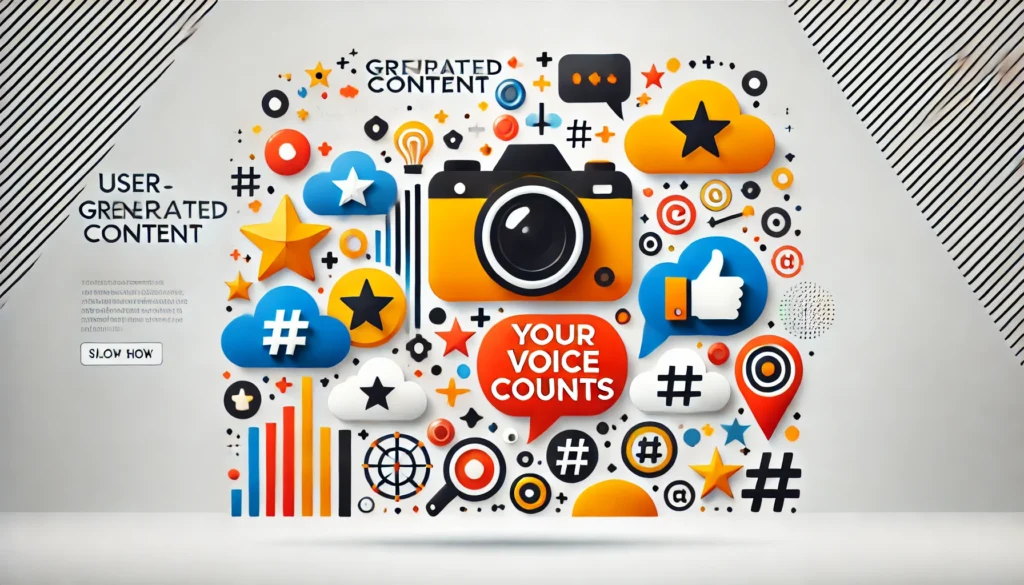 A clean and vibrant image featuring minimal graphics like a camera, speech bubble, star, and hashtag with subtle text 'Your Voice Counts,' symbolizing user-generated content (UGC).