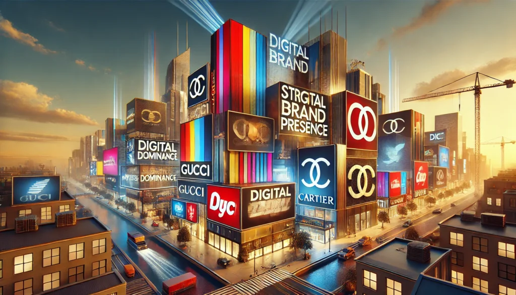 A vibrant cityscape featuring bold branding elements with luxury brand logos like Gucci and Chanel, symbolizing a strong online presence and impactful digital branding strategies.