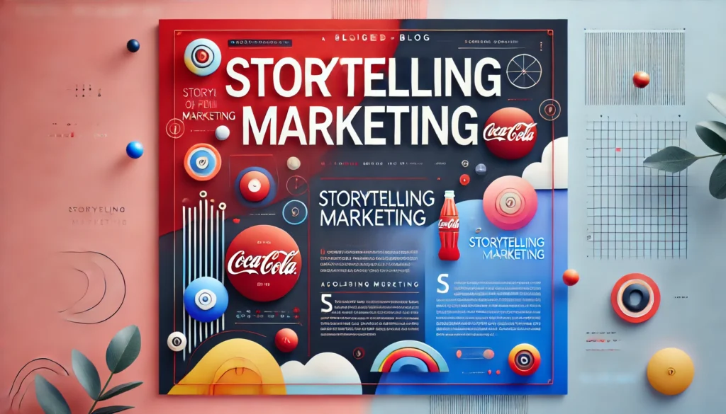 A vibrant graphic showcasing "Storytelling Marketing" in bold text, with subtle visuals of brand logos like Coca-Cola and John Lewis, representing the power of engaging narratives in marketing strategies.