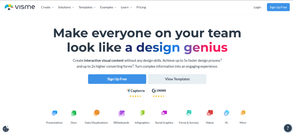 Visme homepage, showcasing tools for interactive marketing content creation.