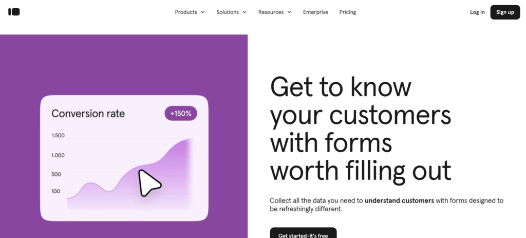 Typeform homepage before login or sign-up, showcasing interactive form creation tools.