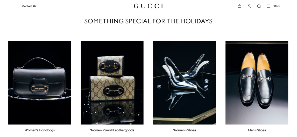 Gucci's website showcasing various product categories, including handbags, shoes, accessories, jewelry, and beauty products, emphasizing digital branding strategies.