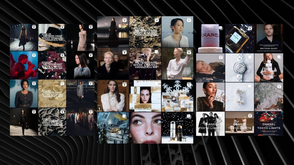 Chanel's official Instagram posts showcasing luxurious products, fashion highlights, and brand storytelling, emphasizing digital branding strategies.